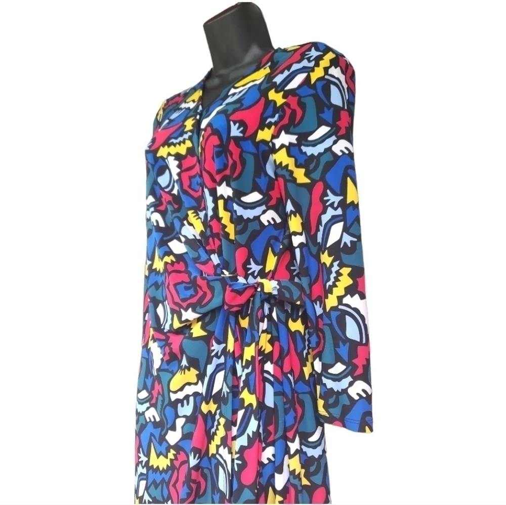 Anne Klein Multi Color Abstract Long Sleeve Faux Wrap Dress Size S